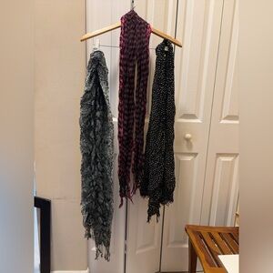 3 Scarf Bundle Lot Crinkle Fringe Prints (Polka Dot + Pink/Black + Gray)